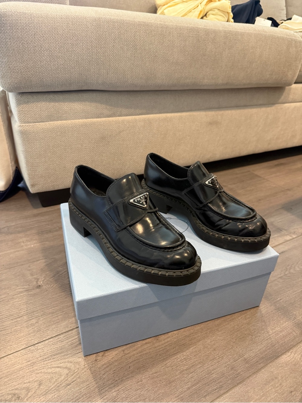 Prada Black Leather Brushed Leather Loafers 37.5